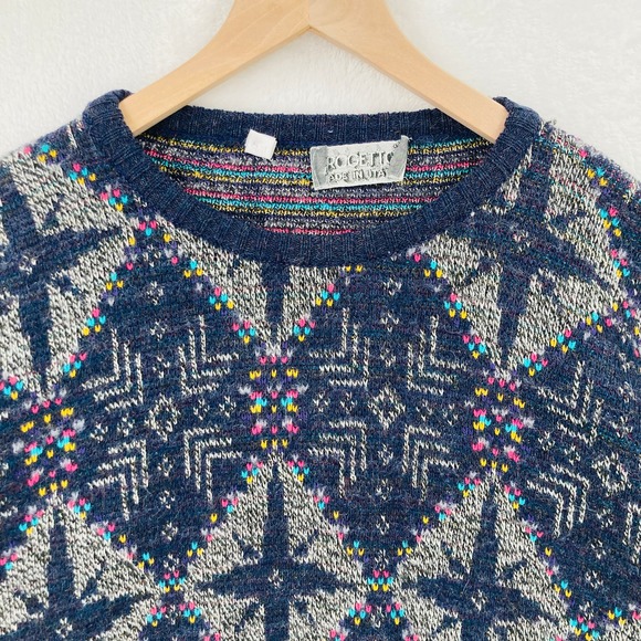 Vintage Progetto Sweater Adult XL Blue Geometric Retro Wool Blend Made in Italy - Picture 2 of 13